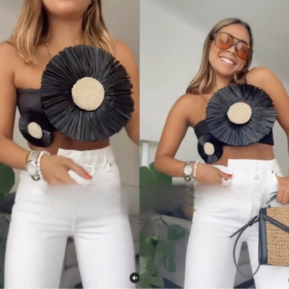 🦋 Bloggers Favorite 🦋 NWT ZARA LINEN BLEND RAFFIA FLOWER TOP SIZE M - Picture 13 of 17